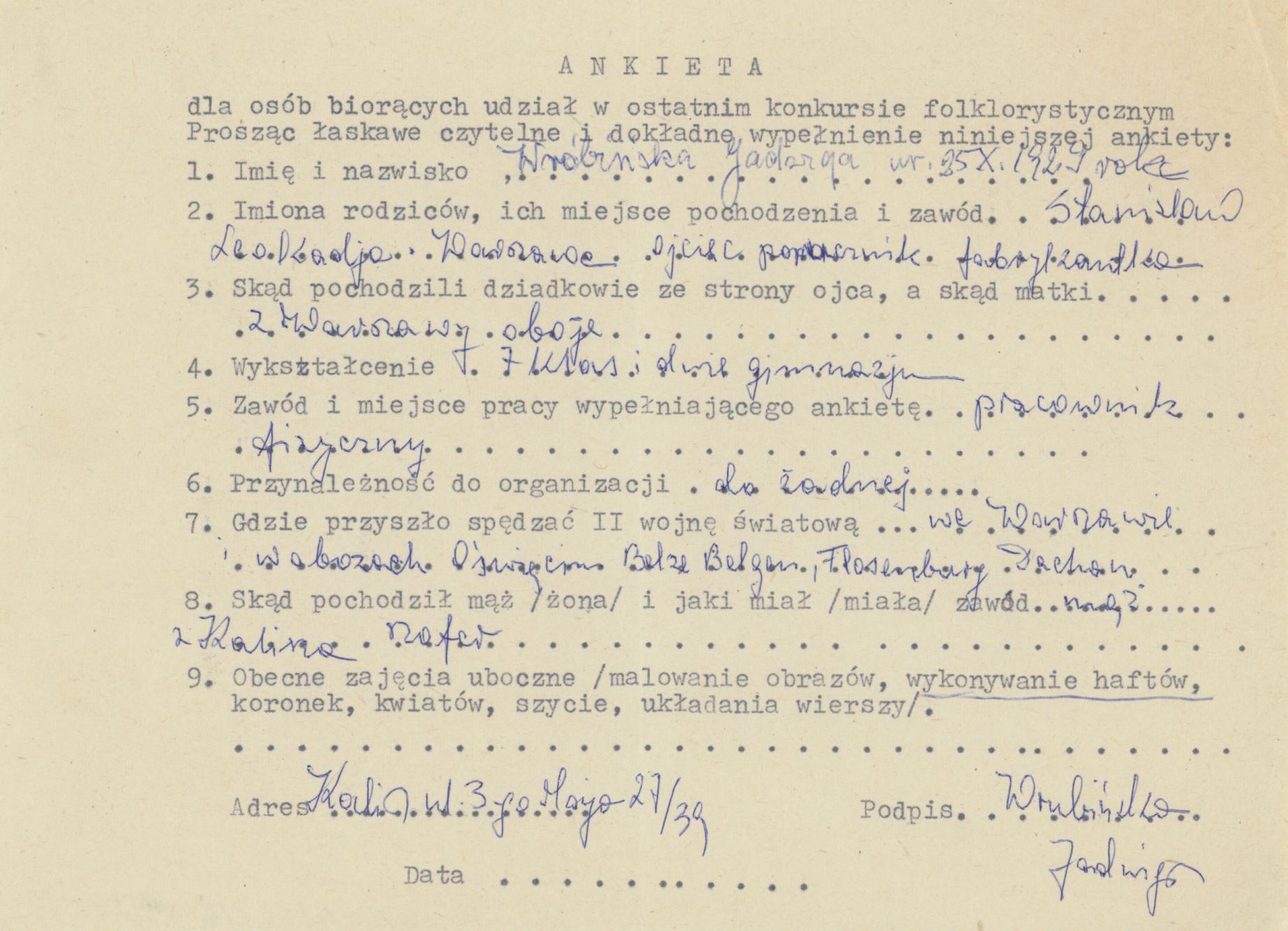 Jadwiga Wrubińska - ankieta osobowa