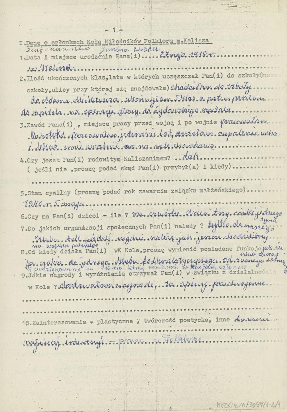 Janina Wróbel - kwestionariusz osobowy