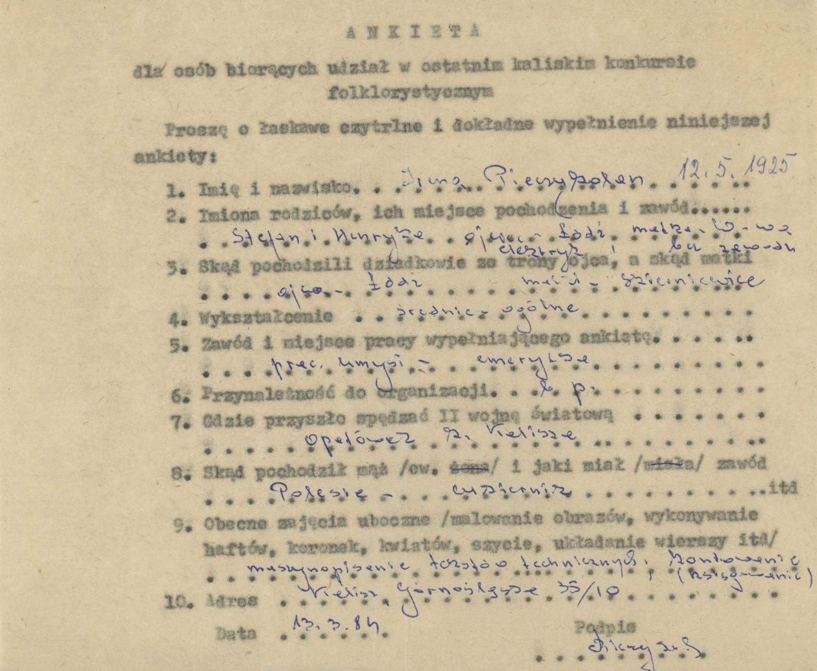 Irena Pieczykolan - ankieta osobowa