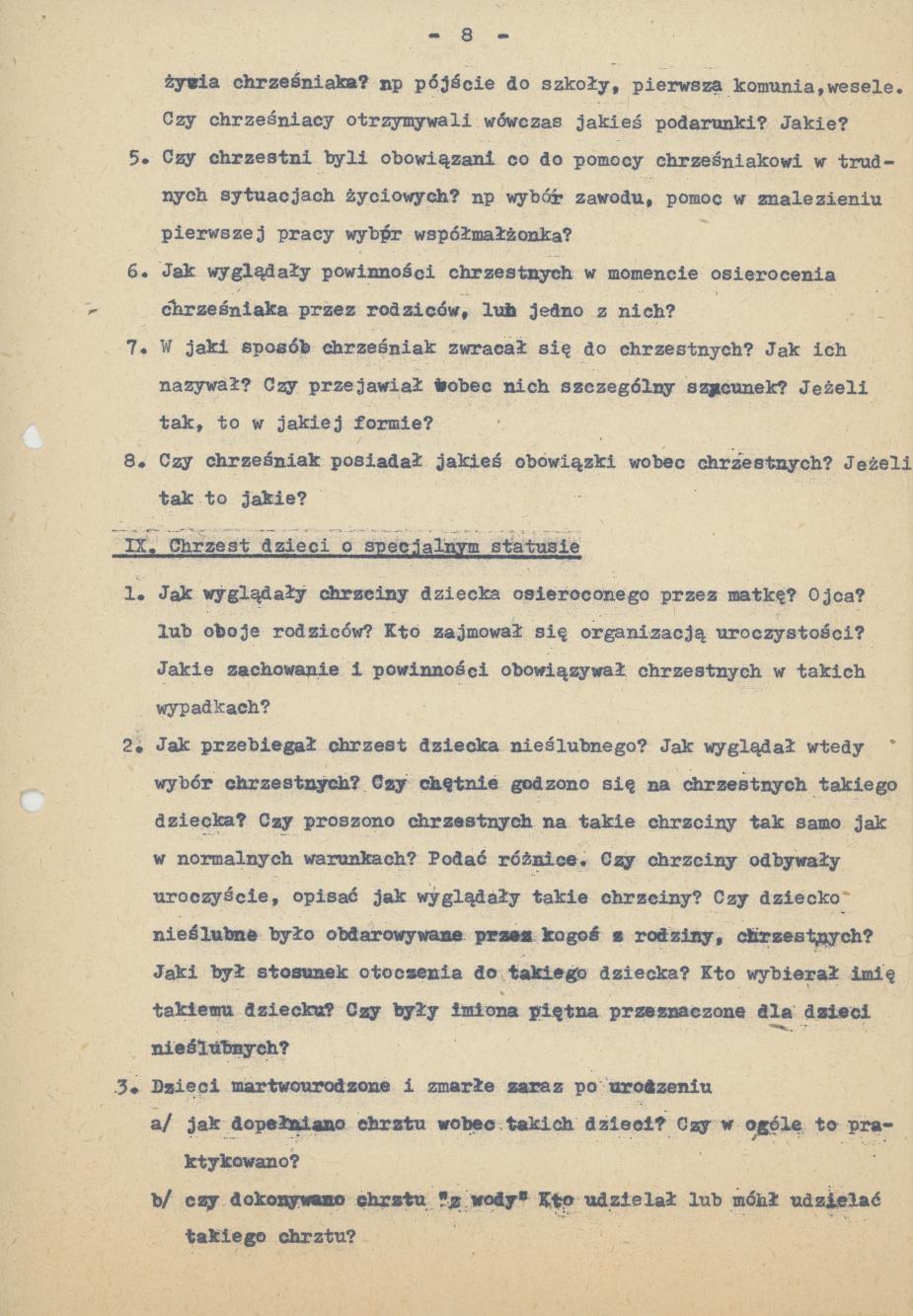 Kwestionariusz do badań nad zwyczajami i wierzeniami związanymi z chrztem dziecka na terenie Kalisza w okresie 1900-1939