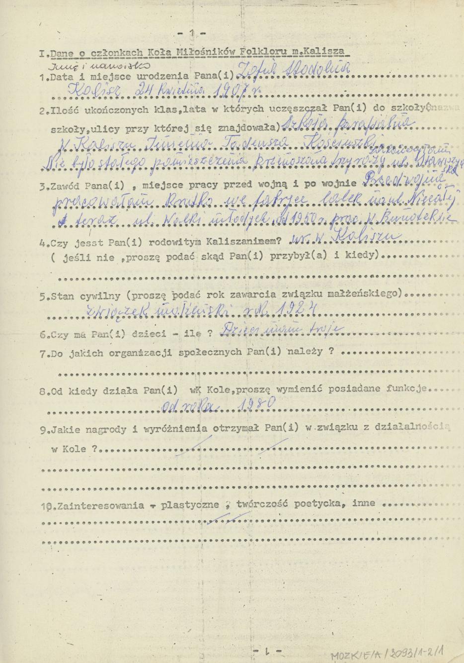 Zofia Stodolna - kwestionariusz osobowy