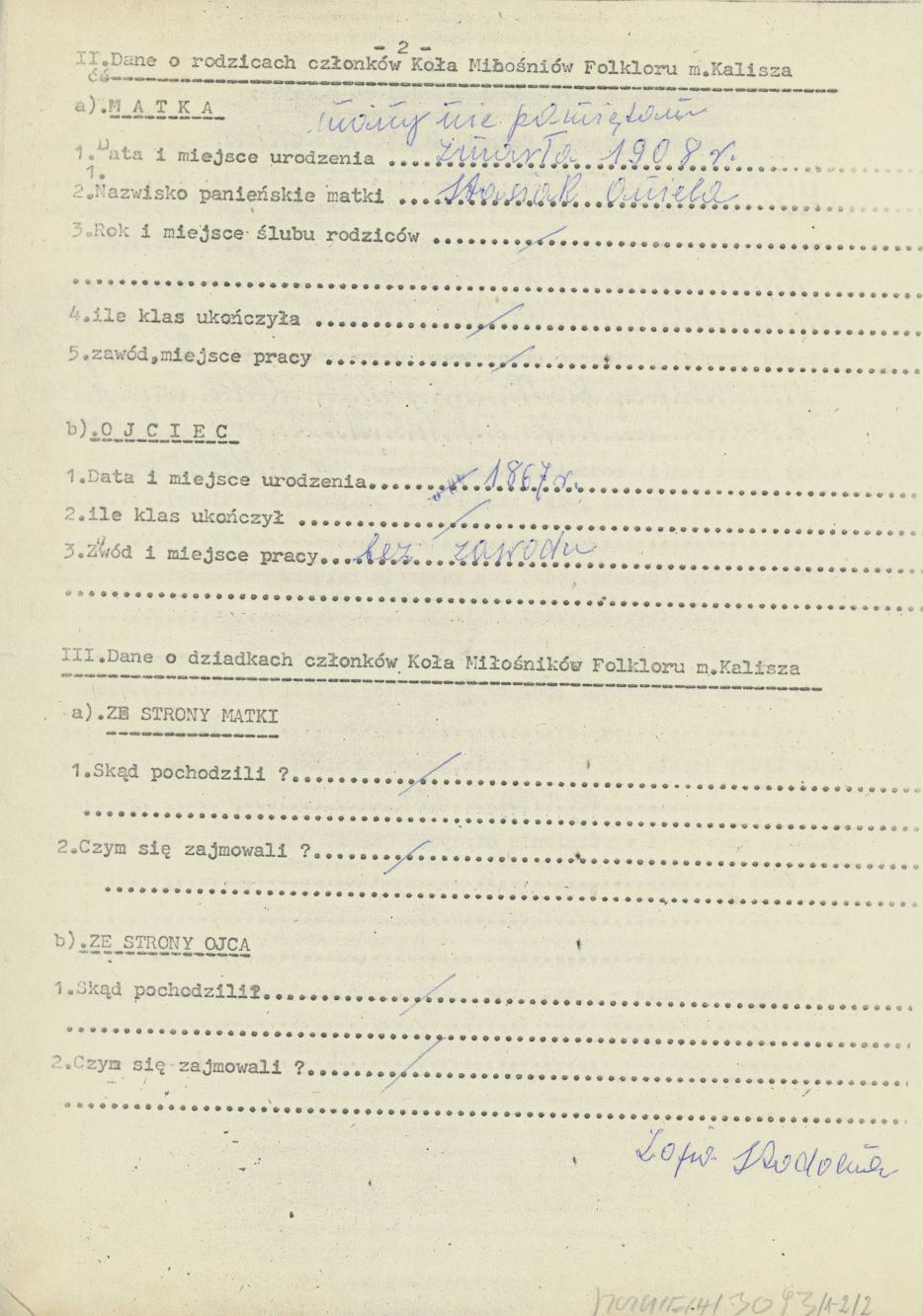 Zofia Stodolna - kwestionariusz osobowy