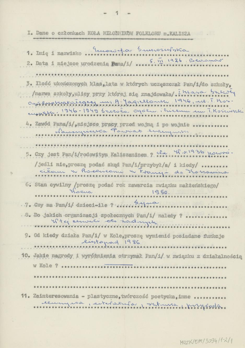 Genowefa Duchożewska - kwestionariusz osobowy