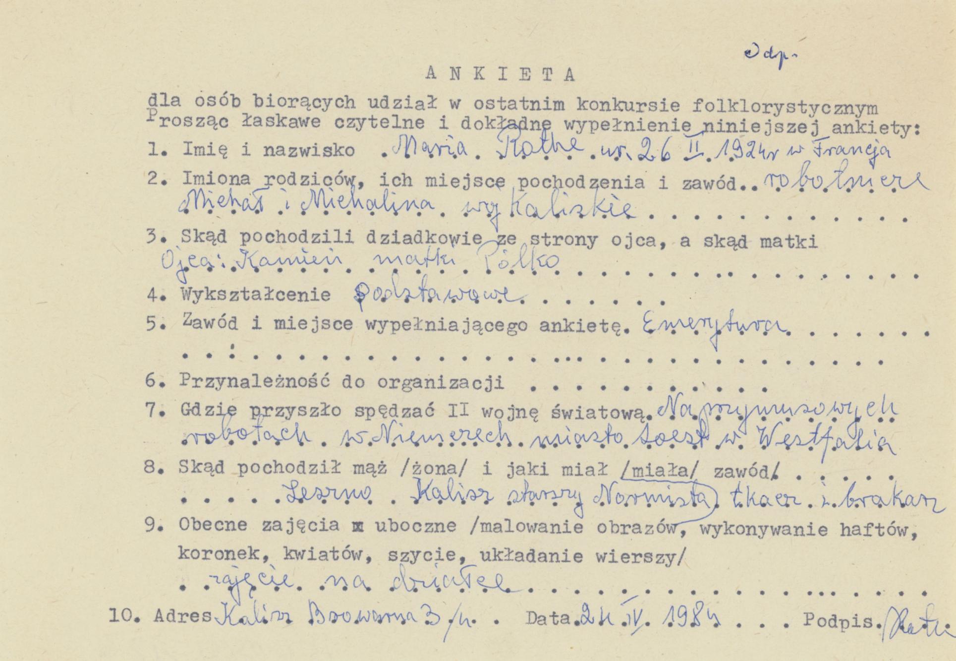 Maria Rothe - ankieta osobowa