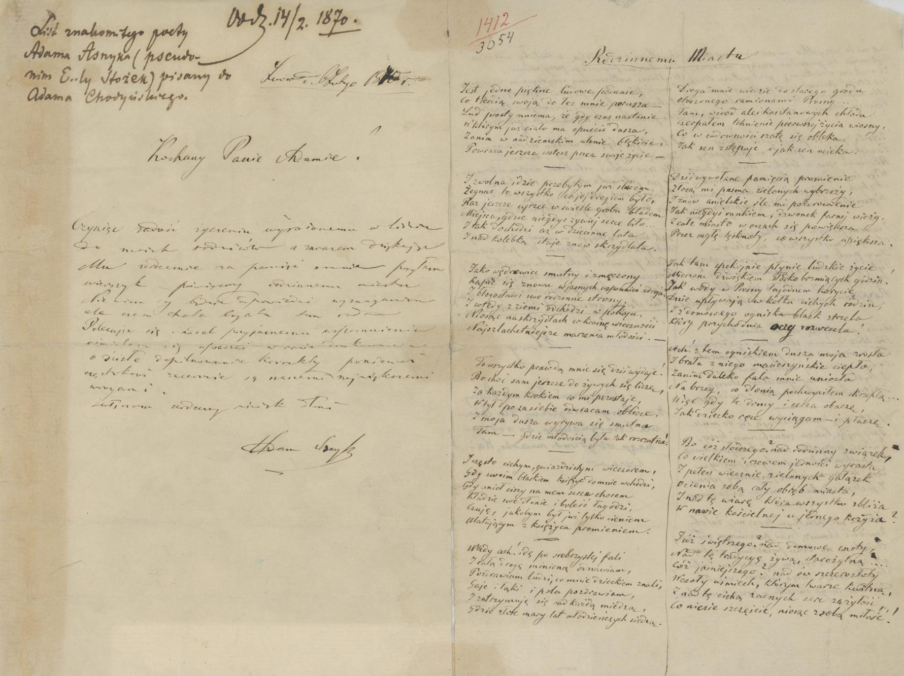 Rękopis Adama Asnyka z wierszem "Rodzinnemu Miastu"