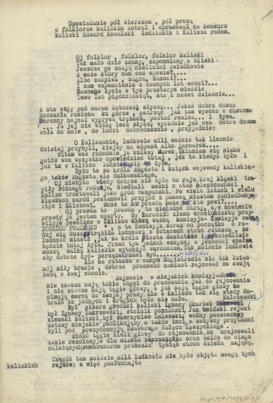 Opowiadanie pół wierszem, pół prozą o folklorze kaliskim