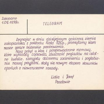 Telegram. Żegnając w dniu dzisiejszym gościnną ziemię zakopiańską [...]