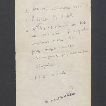 Zalecenia lekarskie zapisane na  karteczce przez doc. dr  med. Józefa Rydygiera dla T. Kulisiewicza