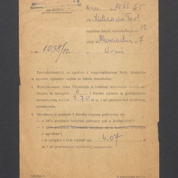 Zawiadomienie o zmianie czynszu najmu za lokal mieszkalny, przy ul. Mazowieckiej 7/12 w Warszawie