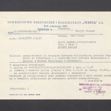 Ubezpieczenie 52. rysunków T. Kulisiewicza podczas transportu