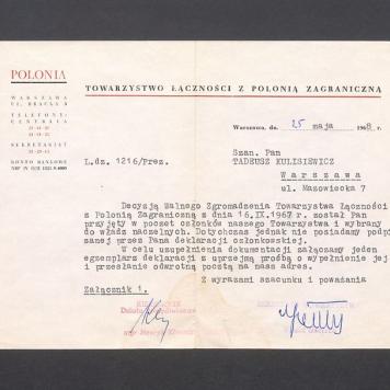 Towarzystwo Łączności z Polonią Zagraniczną: informacja o przyjęciu w poczet członków Towarzystwa