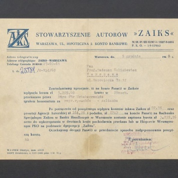 Stowarzyszenie autorów "Zaiks": zawiadomienie o wpłynięciu na konto zaliczki honorarium pieniężnego