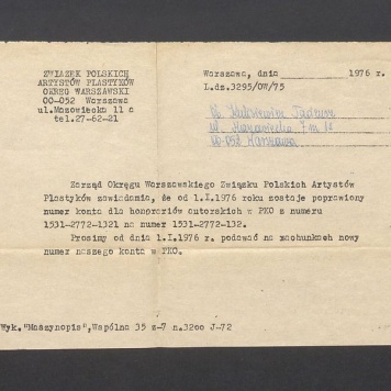 Związek Polskich Artystów Plastyków; zawiadomienie o zmianie numeru konta dla honorariów autorskich