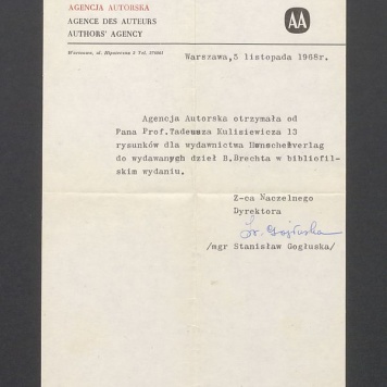 Agencja Autorska: potwierdzenie otrzymania rysunków do wydawnictwa Henschelverlag Berlin