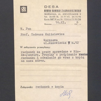 Biuro Handlu Zagranicznego: informacja o rachunku za prace sprzedane w Rio de Janeiro