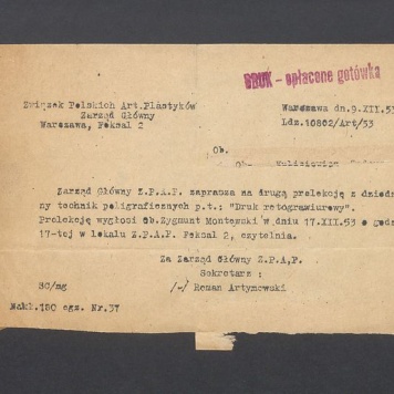 Związek Polskich Artystów Plastyków: zaproszenie na prelekcję Zyg. Montowskiego o druku rotograwiurowym
