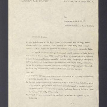 Narodowa Rada Kultury: pismo z prośbą o deklarację pracy