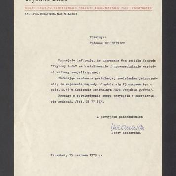 Informacja o przyznaniu Nagrody "Trybuny Ludu"