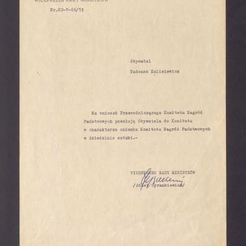 Powołanie do Komitetu Nagród Państwowych w charakterze członka w dziedzinie sztuki