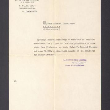 Muzeum Narodowe w Warszawie: informacja o przesłaniu pieniędzy za zakup rysunków