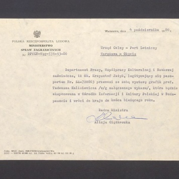 Zaświadczenie o przewozie grafik T. Kulisiewicza na ekspozycję w Budapeszcie