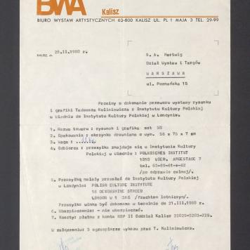 Prosimy o dokonanie przewozu wystawy rysunku i grafiki Tadeusza Kulisiewicza [...]