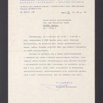 Informujemy, że w okresie od 17.07 - 4.08.80 r. były eksponowane w OIKP Berlin prace [...]