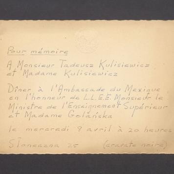 Pour Memoire A Monsieur Tadeusz Kulisiewicz et Madame Kulisiewicz