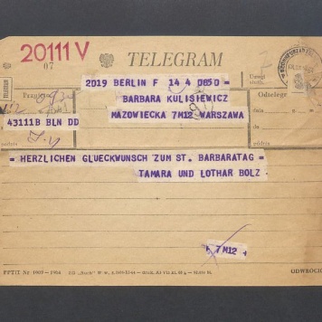Telegram. Herzlichen Glueckwunsch zum St. Barbaratag [...]