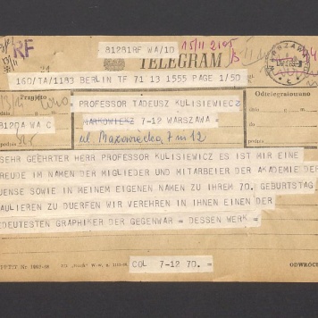 Telegram. Sehr geehrter herr professor Kulisiewicz es ist mir eine Freude [...]
