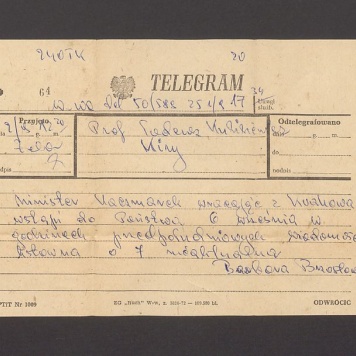 Telegram. Minister Kaczmarek wracając z Krakowa wstąpi do Państwa [...]