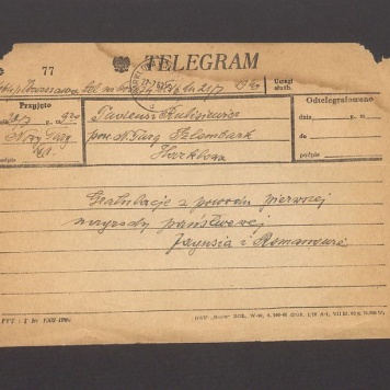 Telegram. Gratulacje z powodu pierwszej nagrody państwowej [...]