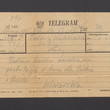 Telegram. Tadeusz bardzo serdeczne gratulacje [...]