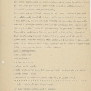Kwestionariusz do badań nad zwyczajami i wierzeniami związanymi z chrztem dziecka na terenie Kalisza w okresie 1900-1939