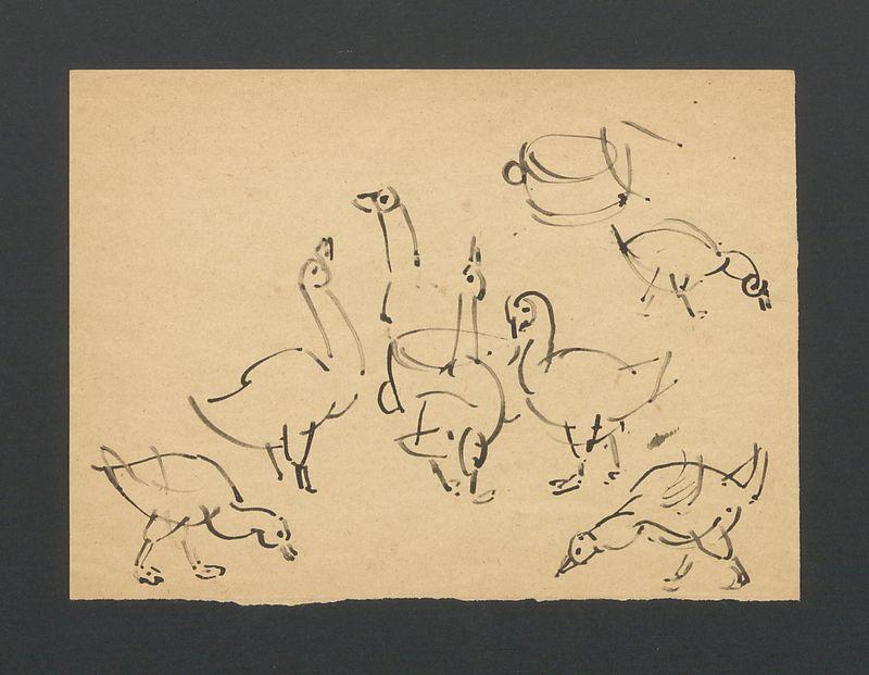 Gęsi; kobieta na ławce