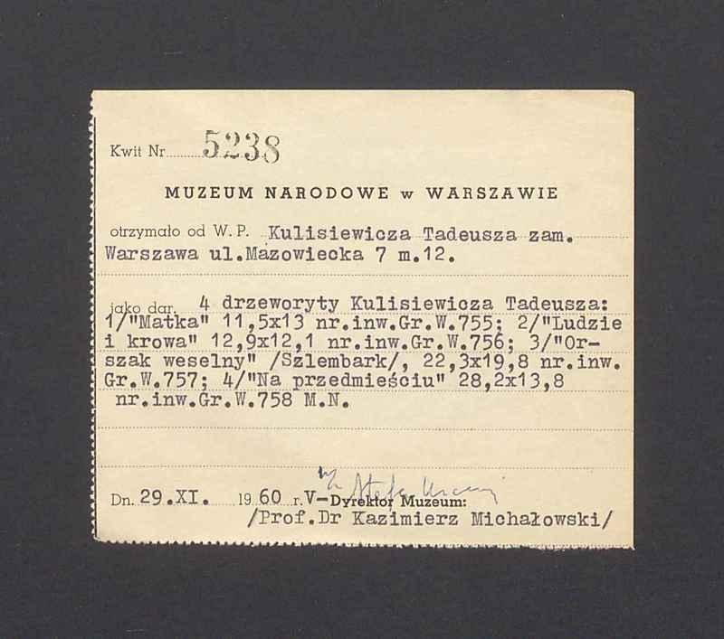 Poświadczenie darowizny prac Tadeusza Kulisiewicza dla Muzeum Narodowego w Warszawie 