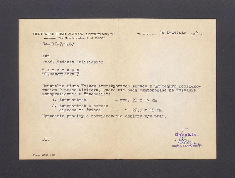 Podziękowanie za wypożyczenie prac Nikifora