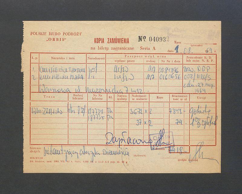 Kopia zamówienia na bilety zagraniczne lotnicze dla T. i M. Kulisiewiczów