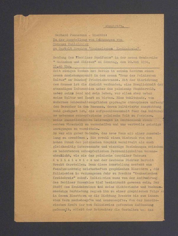 Abschrift. Zu der Ausstellung von Zeichnungen von Tadeusz Kulisiewicz zu Bertold Brechts "Kaukasischen Kreidekreis"