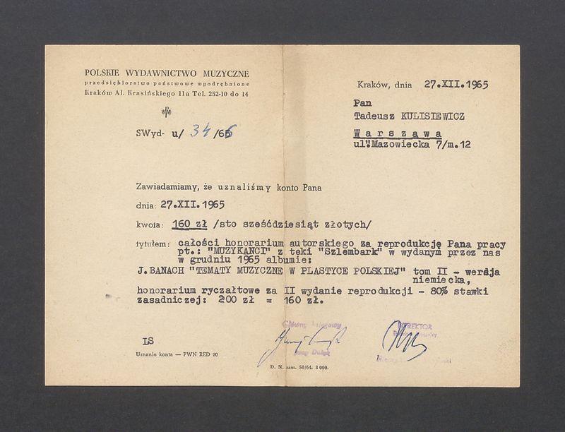 Polskie Wydawnictwo Muzyczne: informacja o przekazaniu honorarium