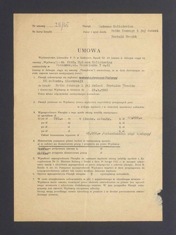 Umowa na wykonanie ilustracji do książki "Matka Courage i jej dzieci" B. Brechta
