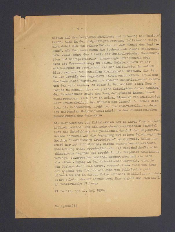 Abschrift. Zu der Ausstellung von Zeichnungen von Tadeusz Kulisiewicz zu Bertold Brechts "Kaukasischen Kreidekreis"