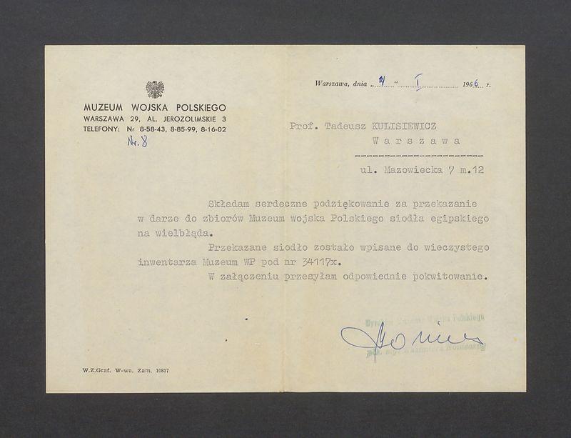 Składam serdeczne podziękowanie za przekazanie w darze (...) siodła egipskiego na wielbłąda [...]