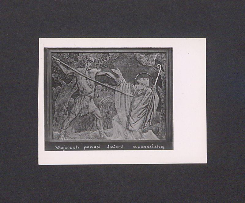 Płaskorzeźba ojca Efrema. Św. Wojciech ponosi śmierć z rąk Prusów.