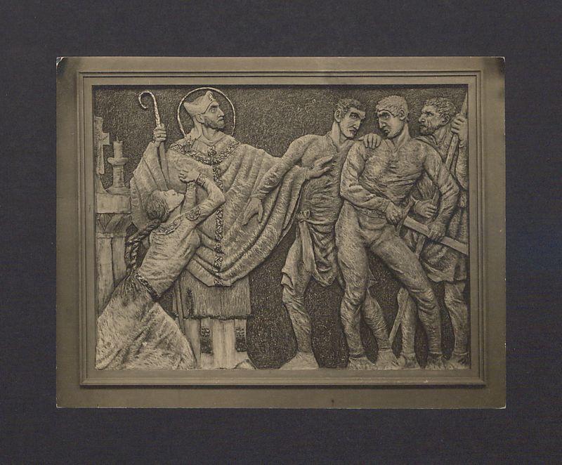 Płaskorzeźba Ojca Efrema. Św. Wojciech występuje w obronie grzesznej niewiasty.