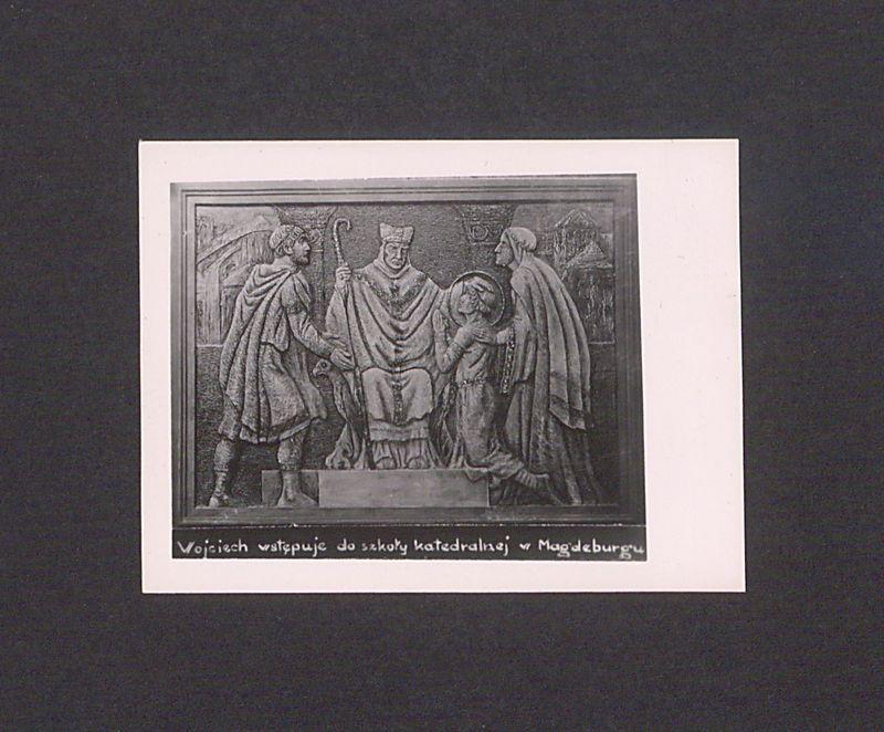 Płaskorzeźba ojca Efrema. Św. Wojciech wstępuje do szkoły katedralnej w Magdeburgu.