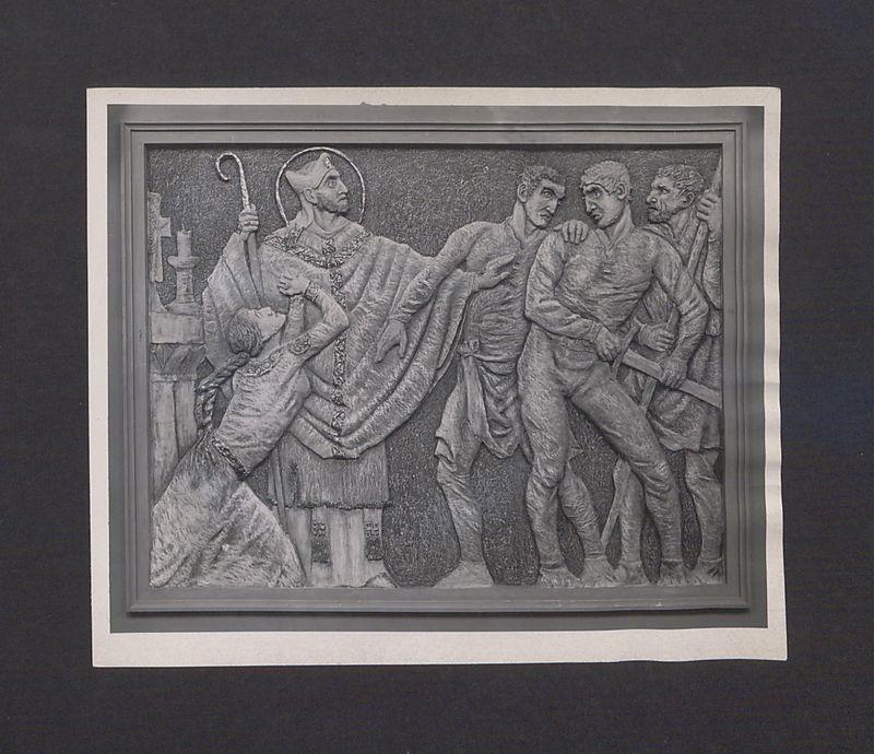 Płaskorzeźba Ojca Efrema. Św. Wojciech występuje w obronie grzesznej niewiasty.