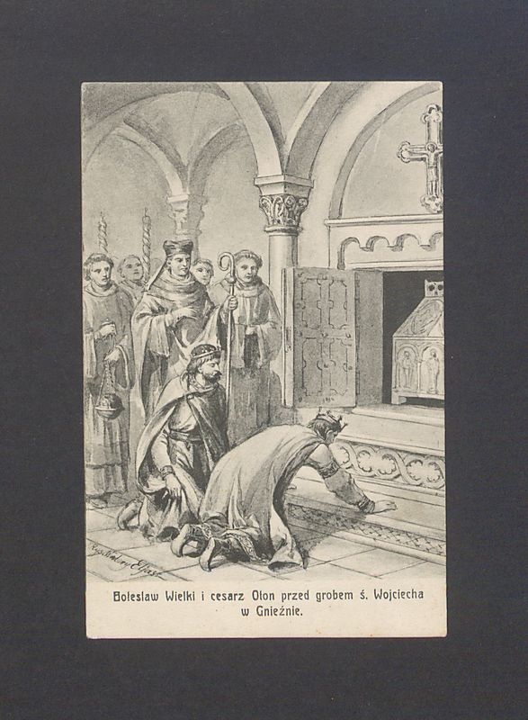 Bolesław Wielki i cesarz Otton przed grobem św. Wojciecha w Gnieźnie.