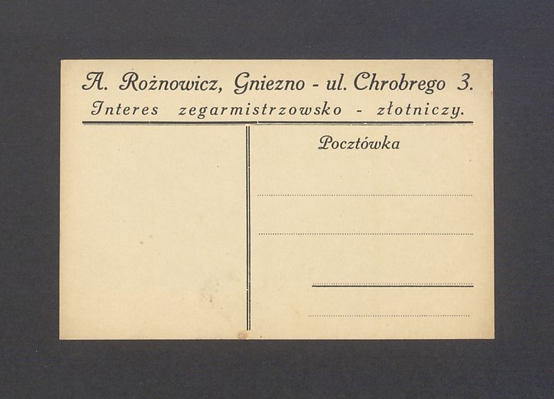 Karta pocztowa firmy zegarmistrzowsko-złotniczej z Gniezna - A. Rożnowicz.