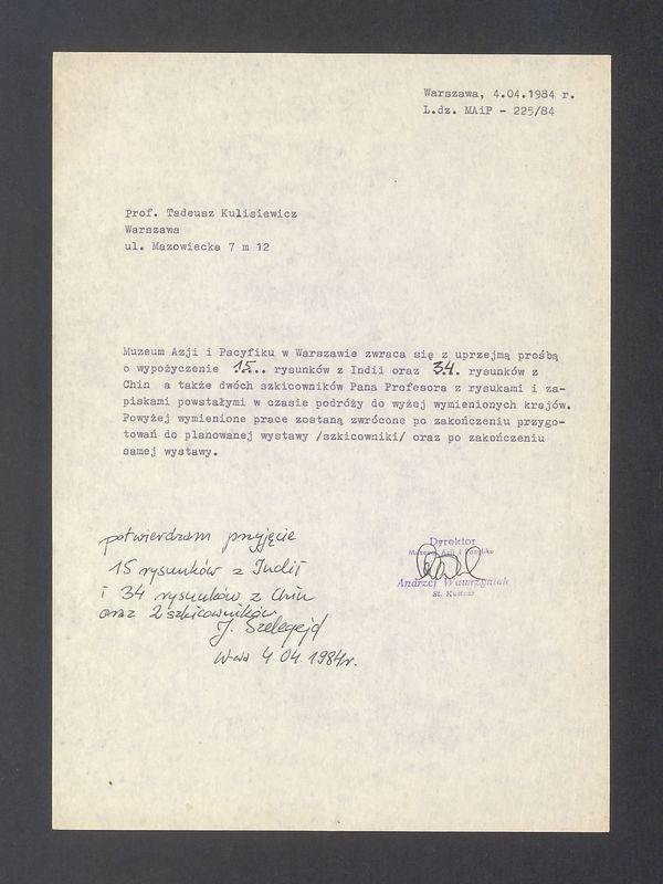 Prośba o wypożyczenie prac T. Kulisiewicza dla Muzeum Azji i Pacyfiku w Warszawie